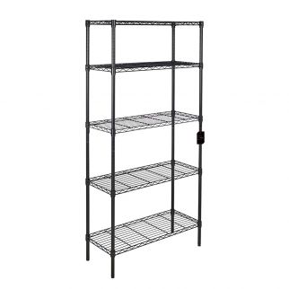 Adjustable wire shelving steel storage rack with five shelves, suitable for laundry, bathroom, kitchen, pantry, or closet organization Model A