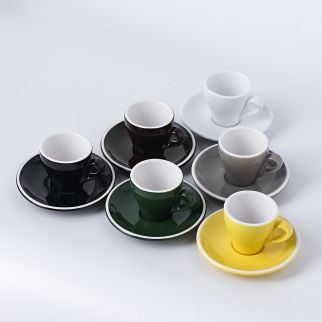 Set of Ceramic Coffee Cup and Saucer, 180ml Capacity, Featuring Colored Glaze with White Edge Detailing Style B