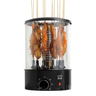 Black TK-12D electric 360° automatic rotating smoke-free grill BBQ machine with rotisserie function, timed operation, and 1100W power