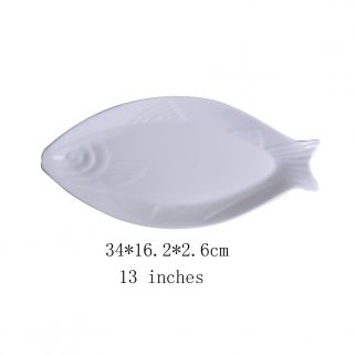 Fish-shaped dish with a black rim, measuring 13.5 inches in diameter, perfect for serving seafood delicacies, Style 2