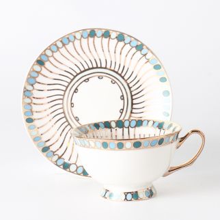 Balloon Gold Thread Coffee Cup and Saucer (with Gold Handle), 220mL Capacity, in Light Green Color Option