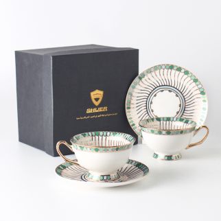 Set of 2 Balloon Gold Thread Coffee Cups and Saucers (with Gold Handles), 220mL Capacity, Green Color