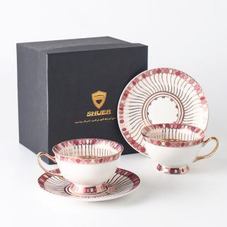 Set of 2 Balloon Gold Thread Coffee Cups and Saucers (with Gold Handles), 220mL Capacity, Pink Color