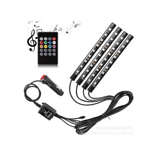 Set of four RGB LED strip lights for decorative car lighting, controlled via remote control for customizable colors and effects