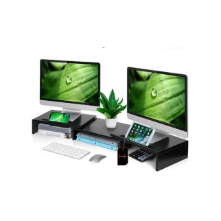 Dual monitor stand features adjustable length and angle, accommodating two monitors. It's a desktop organizer, ideal for PC, computer, or laptop setups, available in black