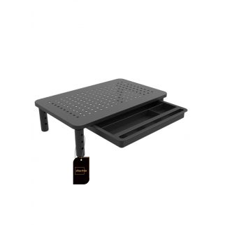 Black metal monitor stand with a storage drawer, suitable for elevating and organizing computer, laptop, printer, or notebook setups in both home and office environments.