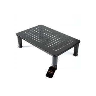 SY-MS04S black monitor stand riser features an adjustable design, serving as both a laptop stand and a riser holder. It offers three height adjustments and includes storage space underneath, suitable for home or office use.