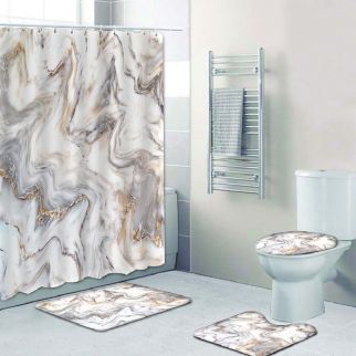 Wholesale Digital Printing Four-Piece Bathroom Set: Includes Shower Curtain, Floor Mat, and Toilet Mat for Complete Bathroom Decor.