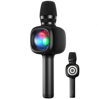 Wireless Bluetooth karaoke microphone features a disco ball light and offers four voice-changing modes. This handheld mic speaker is perfect for parties for both adults and kids, providing entertainment and fun with its versatile features.