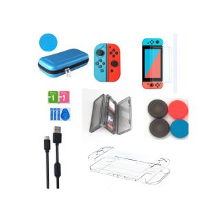 7-in-1 travel carrying case pouch accessories for Switch include a screen protector, protective cover case, data cable, game case, and thumb grip caps, ensuring comprehensive protection