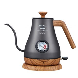 Black GL-205 stainless steel electric kettle featuring a built-in thermometer, with a capacity of 1L and powered at 1350W
