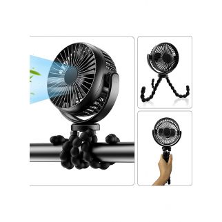 Black handheld portable fan comes with a flexible tripod and offers three adjustable speeds. It operates via USB charging and is specifically designed for strollers, providing quiet and gentle cooling for babies.