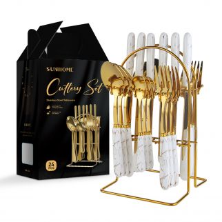 24-Piece Stainless Steel Cutlery Set with White/Gold Stand: Elegant and Stylish Dining Ensemble