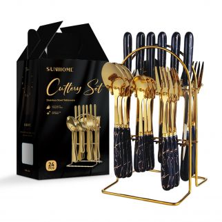 24-Piece Stainless Steel Cutlery Set with Gold/Black Stand: Sleek and Elegant Dining Collection