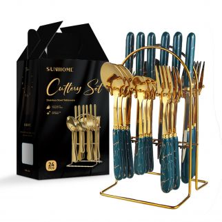 24-Piece Stainless Steel Cutlery Set with Green/Gold Stand: Stylish and Functional Dining Solution