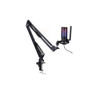 Gaming PC USB microphone is equipped with RGB lighting, a boom arm, pop filter, and mute button, making it ideal for streaming, online chat, and gaming. Its condenser mic ensures clear audio for an immersive experience.