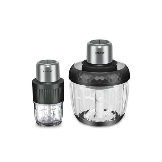 SK-YM-7032 is a black/clear electric meat grinder chopper food processor equipped with two-speed settings and a glass bowl capacity of 3L+0.5L. Powered by 800W and featuring 4 blades, it offers efficient food processing capabilities.