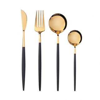 Black and Gold 4-Piece Stainless Steel Cutlery Set: Elegant Dining Utensils with a Stylish Combination, Ideal for Any Table Setting Style B