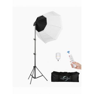 Photography softbox lighting kit featuring a 200W LED bulb with three color options, umbrellas, softboxes, and a convenient carry bag