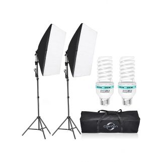 Photography softbox lighting kit featuring 2pcs 135W bulbs, softboxes, and a convenient carry bag for easy transport and storage.