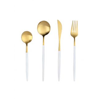 White and Gold Stainless Steel Cutlery Set, Elegant Addition to Dining Table, Includes Four Essential Pieces