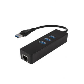 Black/blue/silver 3-port USB hub with Ethernet adapter provides convenient connectivity options for your devices. With multiple USB ports and an Ethernet adapter