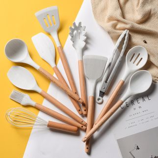Marbled White Wooden Handle Silicone Kitchenware Set Marble