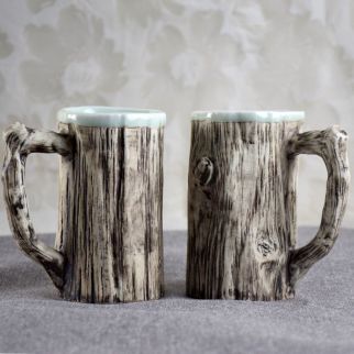 Ceramic tea cups with tree bark trunk design and handle, 300 ml, set of 2 pieces.