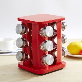 Spice Rack Kitchen Glass Seasoning Salt Pepper Sugar Jars And Stainless Red